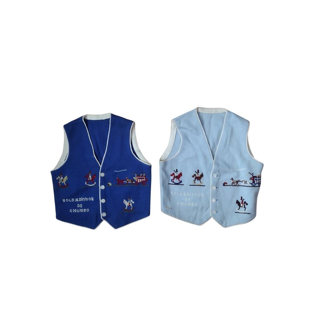 Rare Vintage 1950s Handmade Childrens Vests Hand Embroidered Toy Soldiers 2pc
